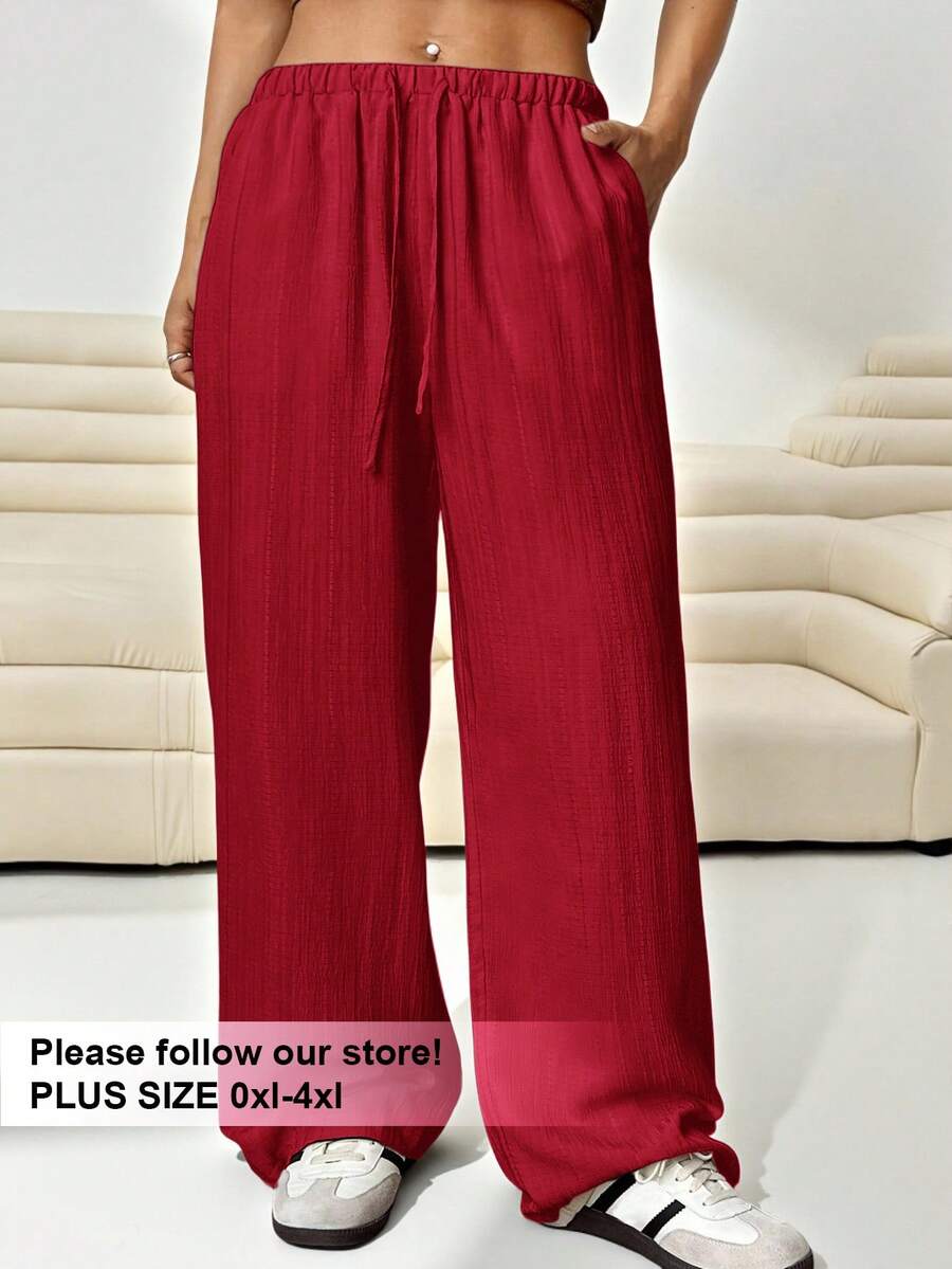 SHEIN EZwear 女士加大码宽松红色梭织裤 - 紅色 - 查看 1