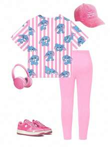 2件套女婴休闲时尚创意个性清新简约可爱卡通兔子爱心撞色标语印花短袖T恤和打底裤套装，舒适日常穿着，适合春、夏、秋季。