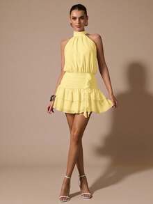 SHEIN BAE Sleeveless Ruffle Hem Solid Color Mini Sundress, Elegant Sweet Cute Fit Mini Dress, Suitable For Romantic Dates, Parties, Formal Gatherings, Bridesmaid Dresses, Summer Dresses, Tea Party Dresses, New Year, Valentine's Day, Birthday Mini Dress, Pink Dress ,Summer Dress - Yellow - View 3
