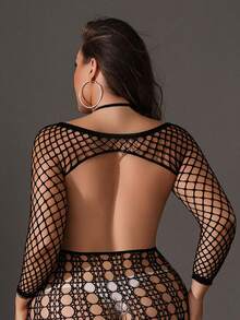 SpicyHot 4件套加大码女士性感透视网纱内衣套装，含乳贴 - 黑色 - 查看 8