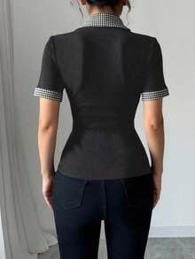 Selianne Camiseta con cuello Peter Pan de estilo deportivo para mujer, con parches de punto acanalado y volantes a cuadros - Gris - Ver 2