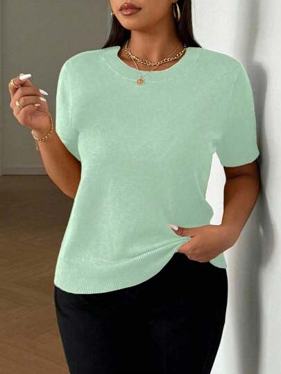 SHEIN LUNE Plus Size Mint Green Rib-Knit Round Neck Regular Fit Short Sleeve Knit Top Casual Plain Style Solid Color Tops Half Sleeve Top Round Neck Top Short Sleeve Women Tops Plain Tshirts Women