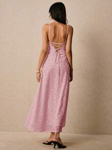 Poéselle Women's Elegant Jacquard Waist Cinching Midi Slip Dress, Suitable For Parties And Events - Pink - View 4