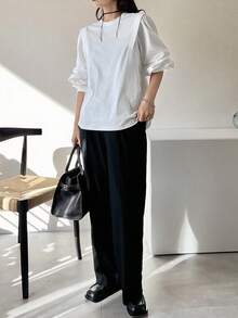 FRIFUL Women's Solid White Cotton Blend Crew Neck Long Sleeve Loose Casual Versatile T-Shirt - White - View 2