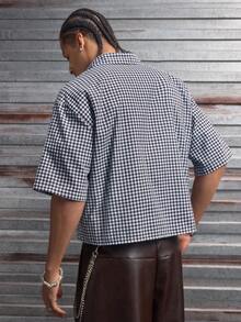 AXEPEAK 男士格子图案印花纽扣前开襟休闲短袖衬衫 - 藍色 - 查看 2