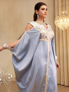 Al Najma Elegant V-Neck Shoulder-Revealing Jacquard Splice Ribbon Decor Dress, Spring/Summer - Blue - View 5