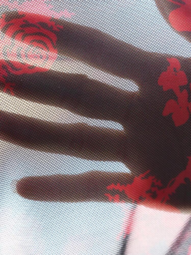 SHEIN Maija Plus Size Women's Sheer Rose Floral Print Long Sleeve Fitted Blouse, Versatile For Urban Commute, Business, Casual, Summer, Date Night, Elegant Sheer Long Sleeve Top Long Sleeve Mesh Top Red Mesh Top Mesh Tops For Women Black And Red Top