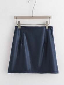 Franclia 优雅时尚短款褶裥可调节系带双层侧边隐形拉链PU皮酒红色女裙，秋冬款 - 藏蓝色 - 查看 2