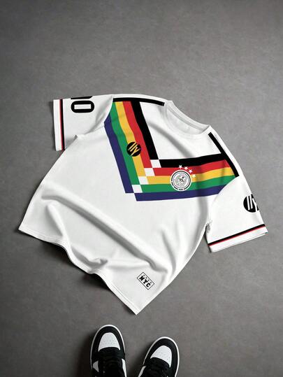 Aesthetic Post Camiseta deportiva casual holgada para hombre con rayas de colores arcoíris, contraste de colores, marca de moda callejera con el número 10 de Nueva York