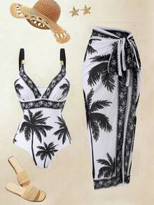 Swim Oasis Conjunto de 2 peças de Roupa de Praia Casual 2026 Nova Primavera/Verão Feminino, Maiô Estampado e Saia Longa de Tule - Preto e Branco - Visão 1