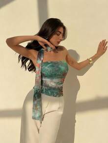 Aloruh Women's Elegant Romantic Tie-Dye Floral Print Ruffle Tube Top - Multicolor - View 7