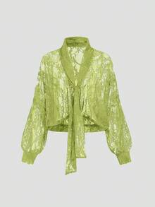 SHEIN Glamour Áo kiểu nữ tay dài ren xuyên thấu màu xanh lá chanh, áo kiểu buộc dây phía trước, kiểu dáng thường ngày cho kỳ nghỉ năm 2026. - màu xanh lá - Xem 4
