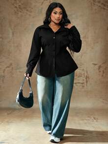 Truni 大码纯色前扣收腰长袖衬衫，秋季休闲风格 - 黑色 - 查看 6