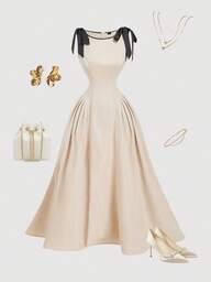 SHEIN MOD Crew Neck Sleeveless Contrast Trim Bow Decor Cinched Waist Flared Skirt Khaki Dress, Spring/Summer, Wedding Season, Valentine's Day, Taffeta Dress