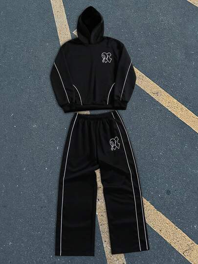 Coolqubz 2pcs/Set Teen Boys Casual Street Hoodie Sweatshirt With Decorative Pattern Design, White Striped Accent Highlights Clothing Structure, Matching Top And Bottom Set, Suitable For Autumn/Winter Outfit, Can Be Worn Separately With White Casual Shoes