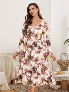 Serenescape Plant Leaf Print V-Neck Flare Sleeve Cinched Waist Women Nightgown - Multicolor - View 3