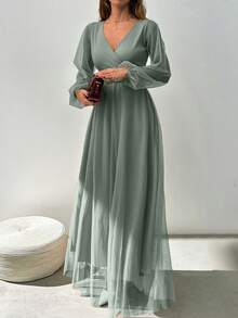 EURMUSE Dor Jacquard Sleeve Detailed Beige Long Dress For Going Out - Mist Green - View 5