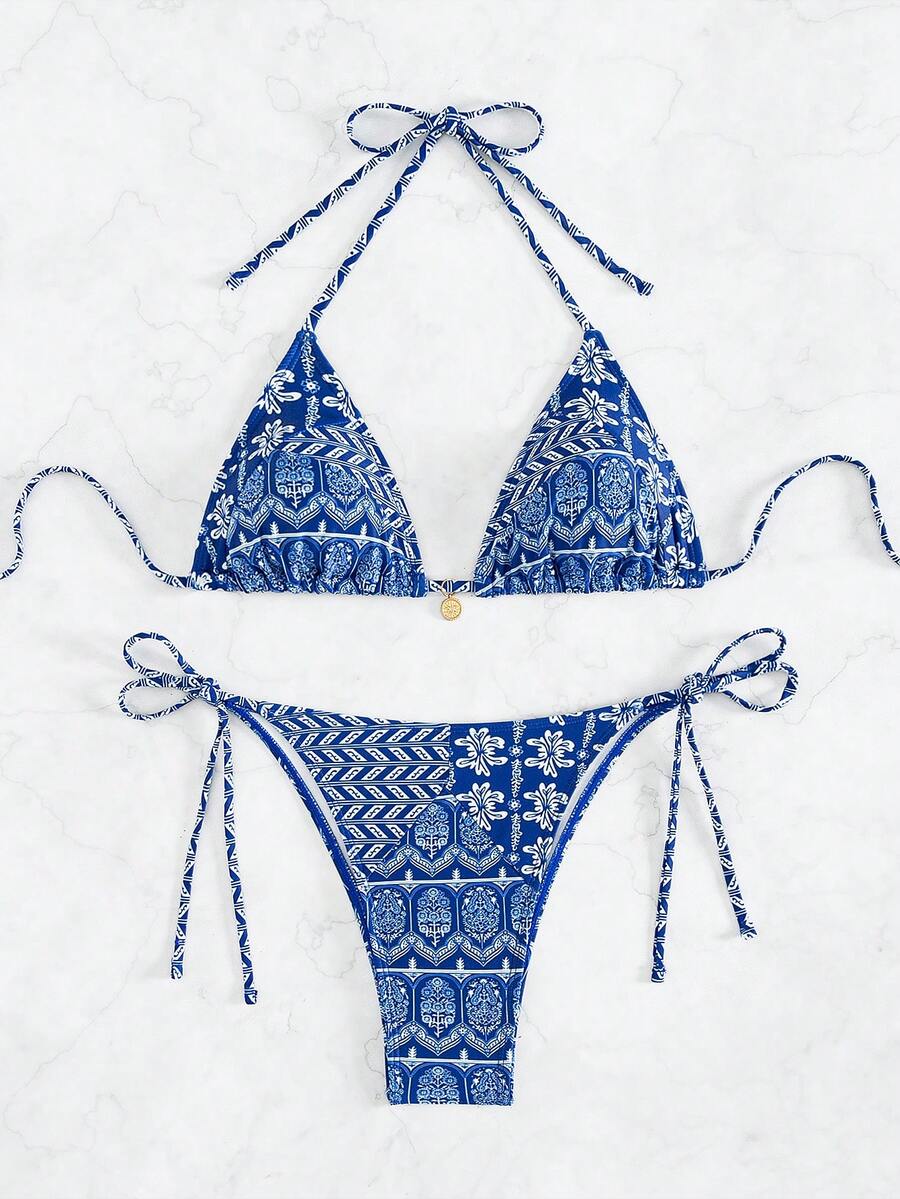 Swim Vcay Summer Beach Floral Printed Swimwear Set - Blue and White - View 1