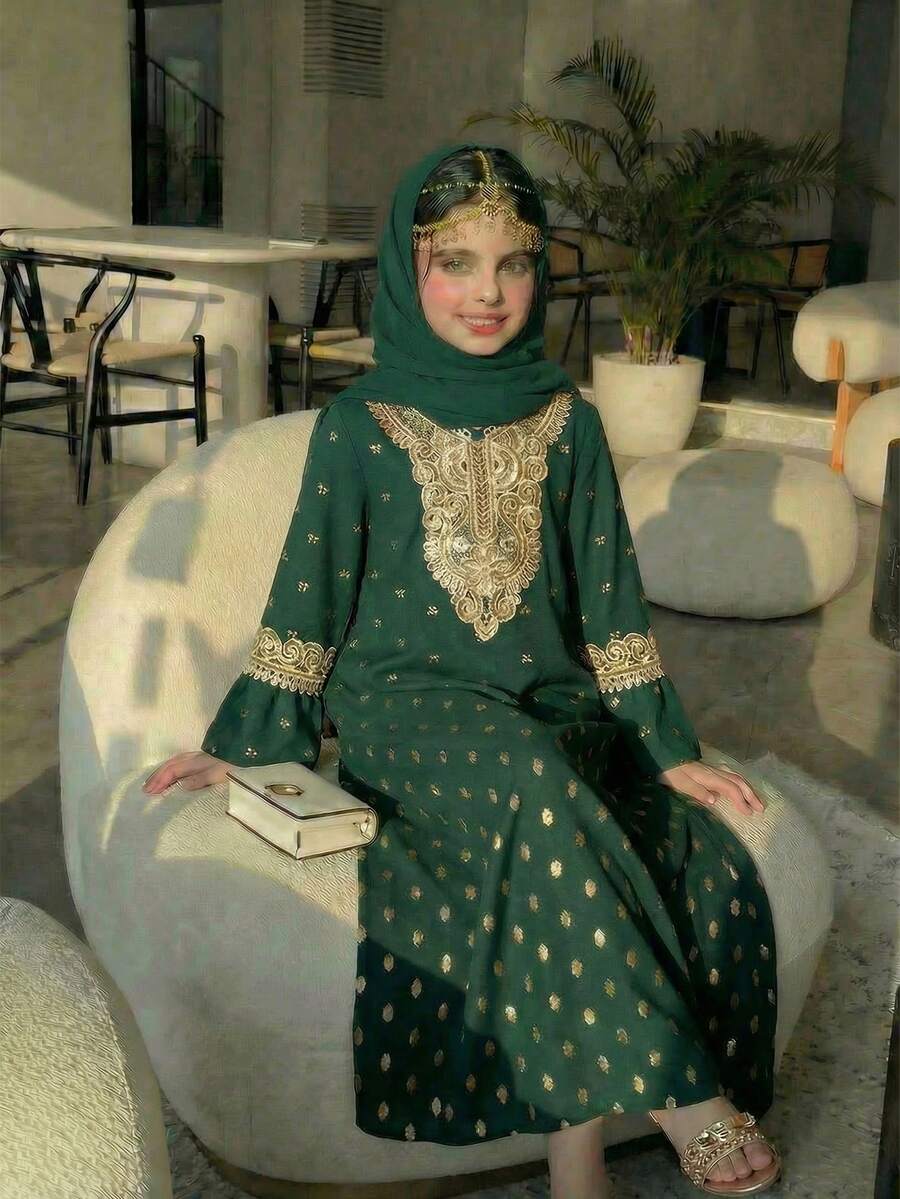 少女碎花印花金色领口喇叭袖蕾丝边长裙 - 墨綠色 - 查看 1