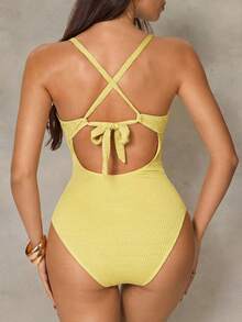 Shapewave 1pc Women's Slimming Backless U-Shaped Criss-Cross Strap One-Piece Swimsuit, Fashionable Casual Vacation Wear - Yellow - View 2