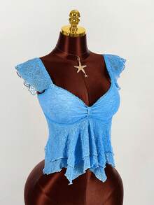 Amplova 女士褶皱前片修身性感网纱拼接短袖露背休闲度假短款背心 - 藍色 - 查看 1