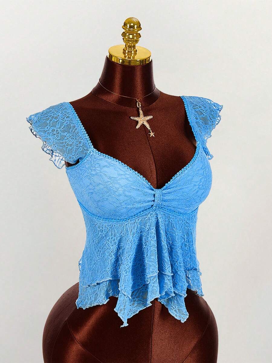 Amplova 女士褶皱前片修身性感网纱拼接短袖露背休闲度假短款背心 - 藍色 - 查看 1