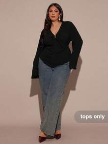 SHEIN BAE Plus Size Women V-Neck Ruched Long Sleeve Top, Autumn/Winter Fall - Black - View 6