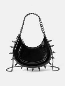 ROMWE Grunge Punk 1pc Women's Punk Studded Spike Handbag Chain Shoulder Crossbody Jelly Bag - Black c - View 1