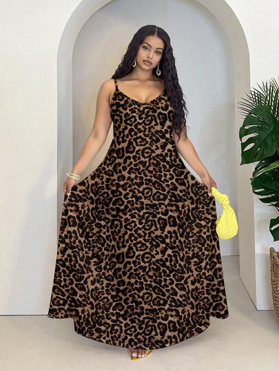 Slaydiva Spring And Summer Casual All Over Leopard Print Beach Spaghetti Strap Prom Dress Suspender Dress Plus Size Dress Plaid Dress African Dress Spring