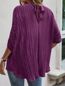 Louniche Women's Standard Collar Tie-Up Batwing Sleeve Pleated Loose Casual Shirt, Spring/Summer