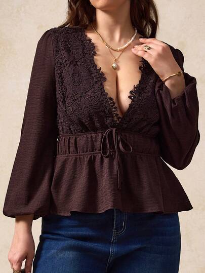 Elegantrix Plus Size Women's Spring/Summer Lace Patchwork Deep V Waist Ruffle Hem Puff Sleeve Elegant Blouse