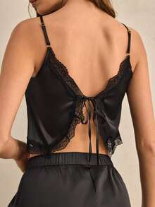 Charlaine 优雅法式蕾丝缎面舒适女士睡衣套装 - 黑色 - 查看 4