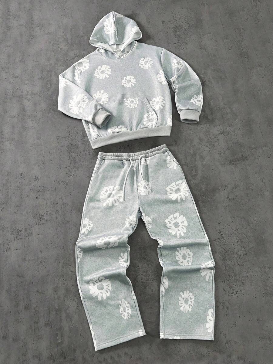 Coolqubz 两件套印花连帽卫衣和直筒裤运动套装，适合青少年男孩，男女皆宜的街头风格