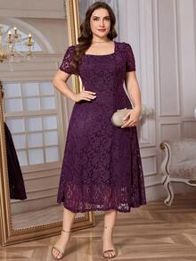 SHEIN Clasi Đầm ren màu trơn thanh lịch cỡ lớn, thích hợp cho mùa hè. - Màu tím - Xem 5