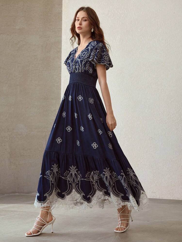 WOMEN'S FLORAL EMBROIDERY CONTRAST LACE LONG DRESS