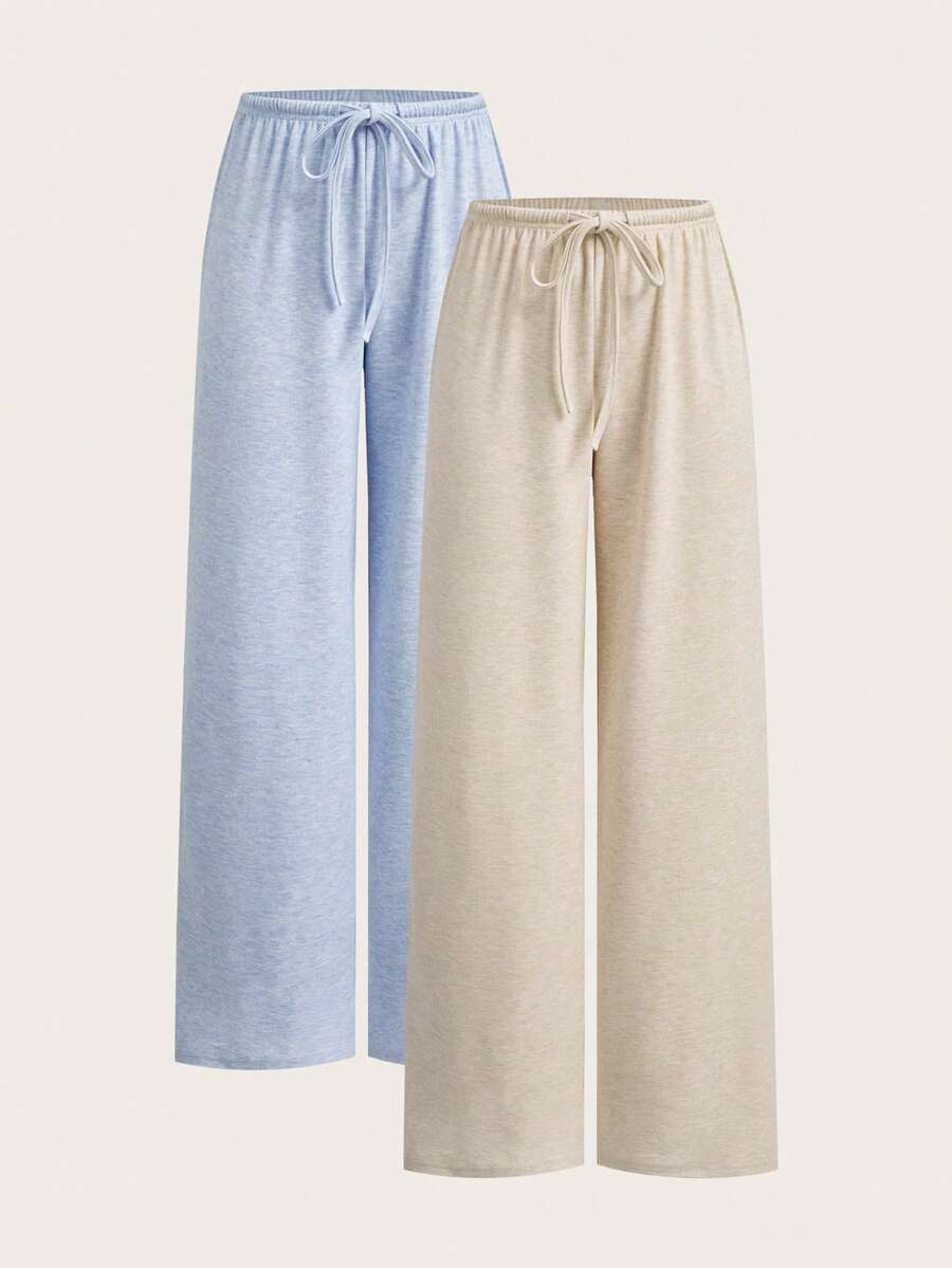 SHEIN EZwear 两色可选 女士针织系带腰休闲阔腿裤 - 彩色 - 查看 1