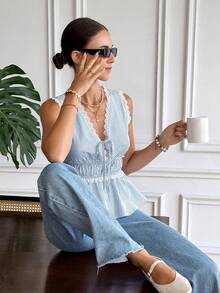 Serisse Áo kiểu nữ không tay kẻ sọc viền ren, thích hợp cho mùa hè. - Xanh và trắng - Xem 7