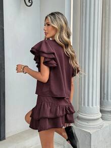 Serisse Bộ đồ 2 món dành cho nữ: Áo và chân váy ngắn cổ tròn xếp ly tay bồng màu trơn. - màu nâu - Xem 4