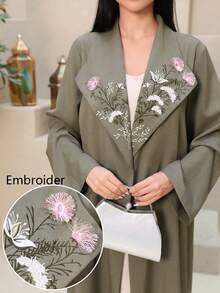 Al Najma New Embroidered Collar Elegant Sophisticated Vacation Party Outerwear Robe - Olive Green - View 4