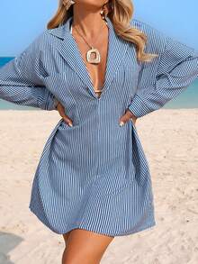 Swim Lushoire 女士性感深V领条纹休闲沙滩罩衫连衣裙，春夏款 - 寶藍色 - 查看 8