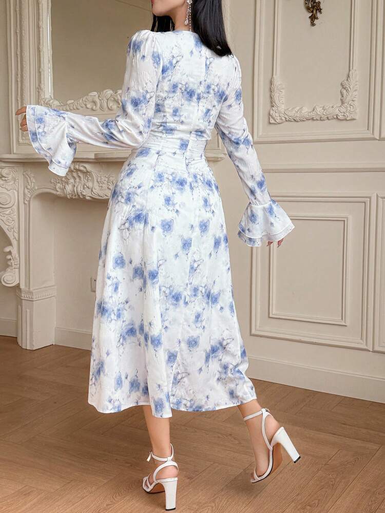 French Romantic Watercolor Rose Print Dress, Flowy Vacation Style Long Dress For Women Sundress
