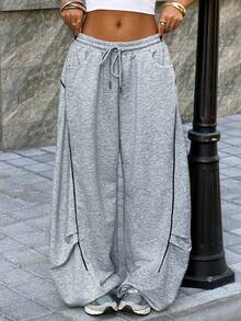 Muchica 女士休闲日常通勤时尚街头运动抽绳腰带撞色滚边宽松阔腿运动裤 - 灰色 - 查看 2
