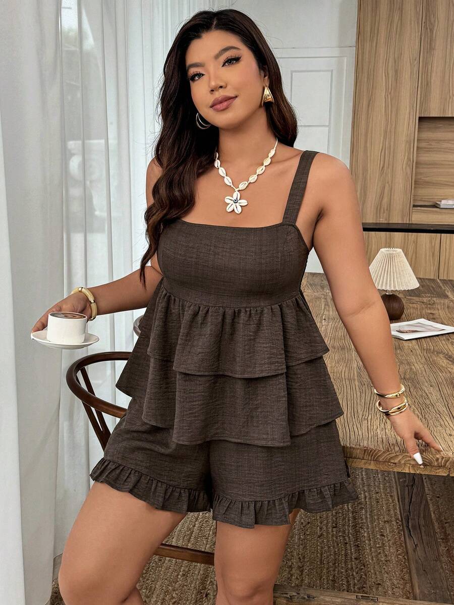 Weeklong Plus Size Women Casual Sleeveless Ruffle Trim Top And Pants Two Pieces Suit, Suitable For Vacation And Daily Wear, Spring/Summer - Coffee Brown - View 1