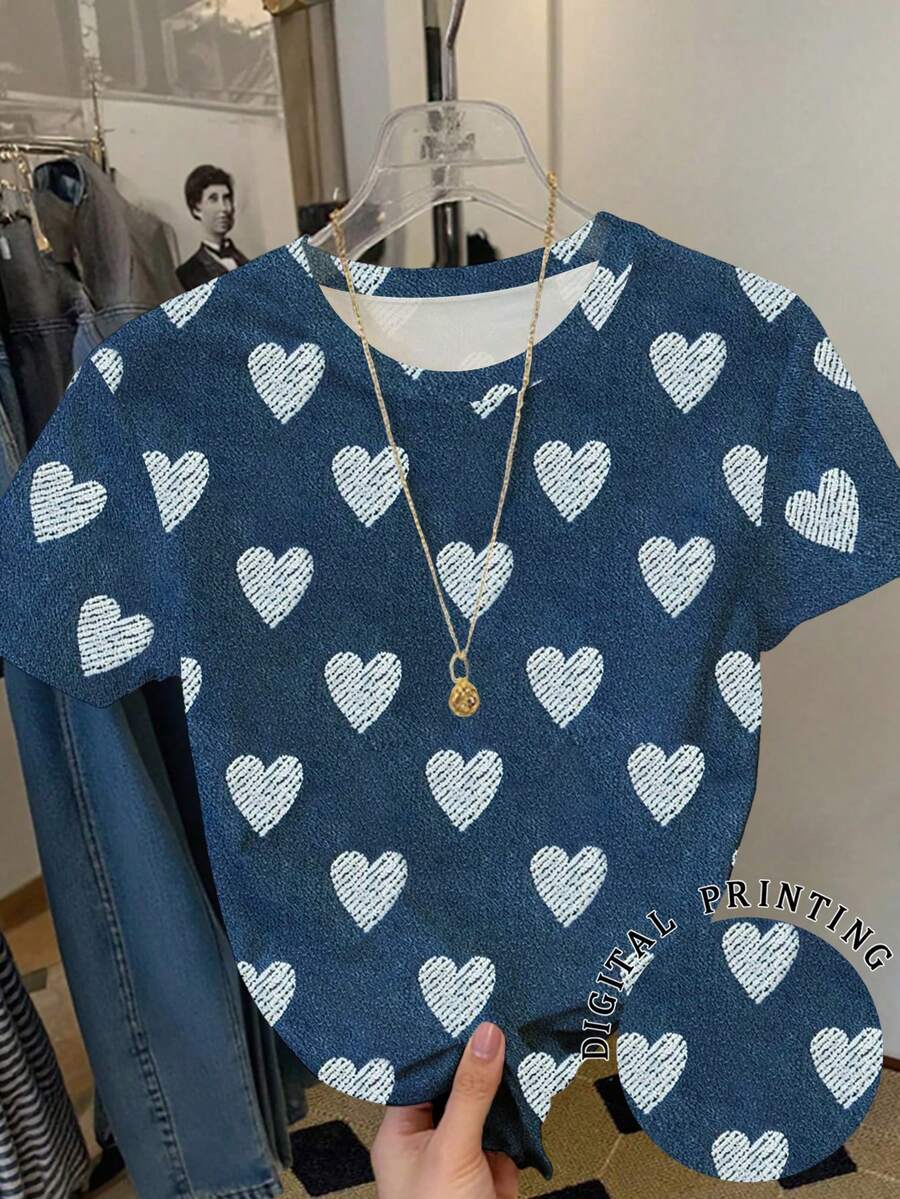 Resyla 女士休闲日常通勤全幅爱心印花短袖T恤，夏季 - 彩色 - 查看 1