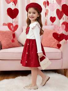 Elladie kids 女童针织罗纹圆领长袖连衣裙，下摆饰有串珠蝴蝶结，红色灯芯绒串珠腰部A字裙摆，适合新年、派对、秋季、春秋、圣诞节等场合。 - 紅白色 - 查看 8