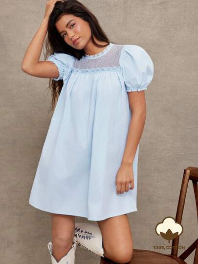 WESTFADE 100% Cotton Poplin & Crochet Lace Mesh Mixed Media Short Puff Sleeve Babydoll Mini Dress Spring, Casual, Cute, Nashville Cowgirl, Vacation, Boho, Western Clothes, Summer, Resort Wear, Festival, Vacation, Beach