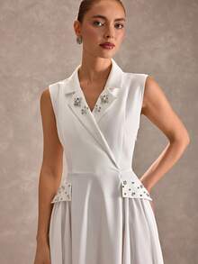 CLARA VERO Women's Rhinestone Embellished Lapel Dress - White - View 7