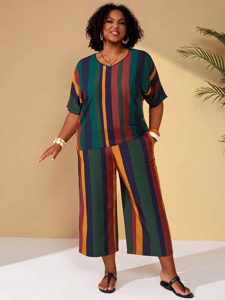 Conjunto Casual de Verão com Top Listrada Colorida Solta e Calça com Bolsos para Mulheres Plus Size, Primavera/Verão