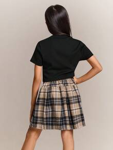 Radiana Tween Girls Black Ribbed Knit Crop Top And Khaki Plaid Pleated Skirt 2 Pieces Outfit, Casual And Collegiate Style - Khaki - View 2