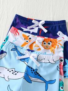 SHEIN 3件套男童休闲度假网纱彩色多巴胺恐龙鲨鱼印花宽松梭织沙滩泳衣多件套男童泳装,三色三件套短裤泳衣沙滩游泳冲浪度假春夏 - 彩色 - 查看 6
